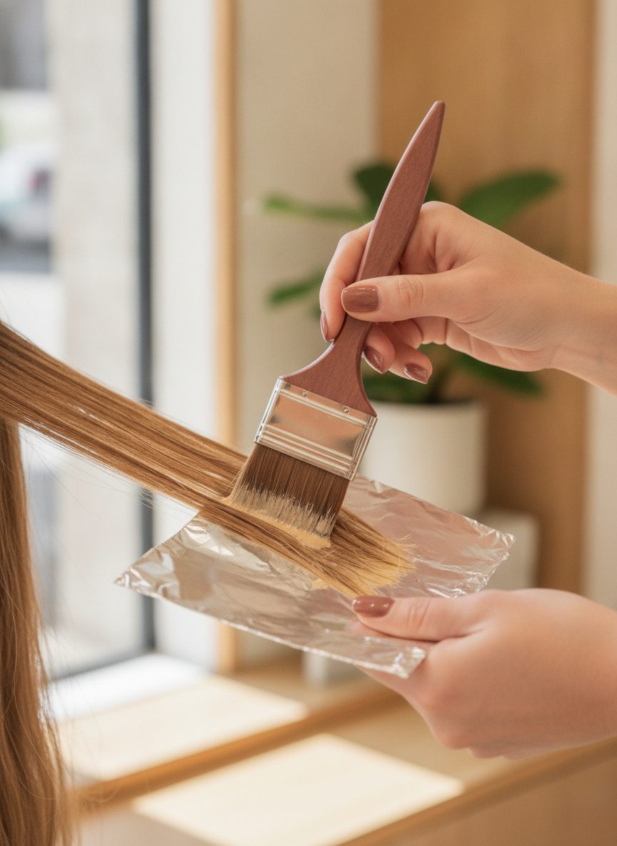 Stylist's hands hand-painting balayage with a tint brush and foil