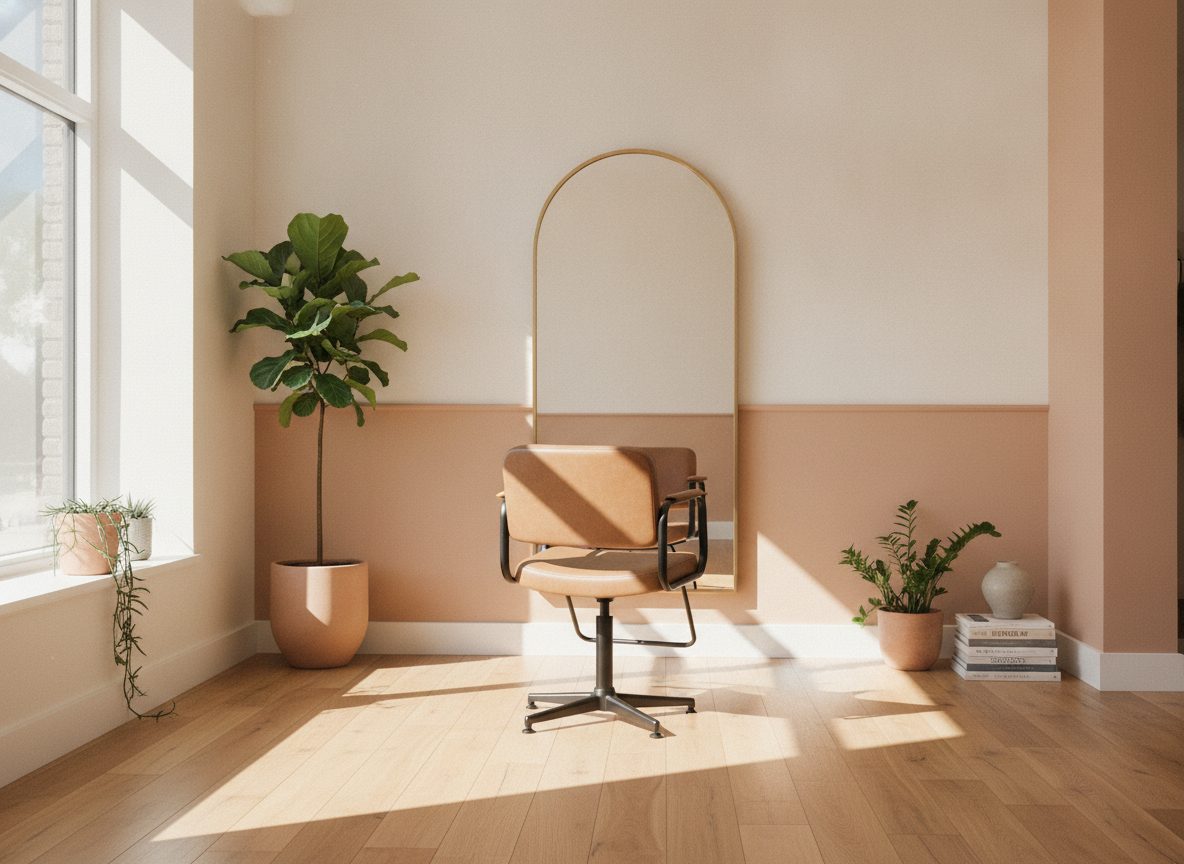 Bright, calm studio corner with one styling chair and a mirror