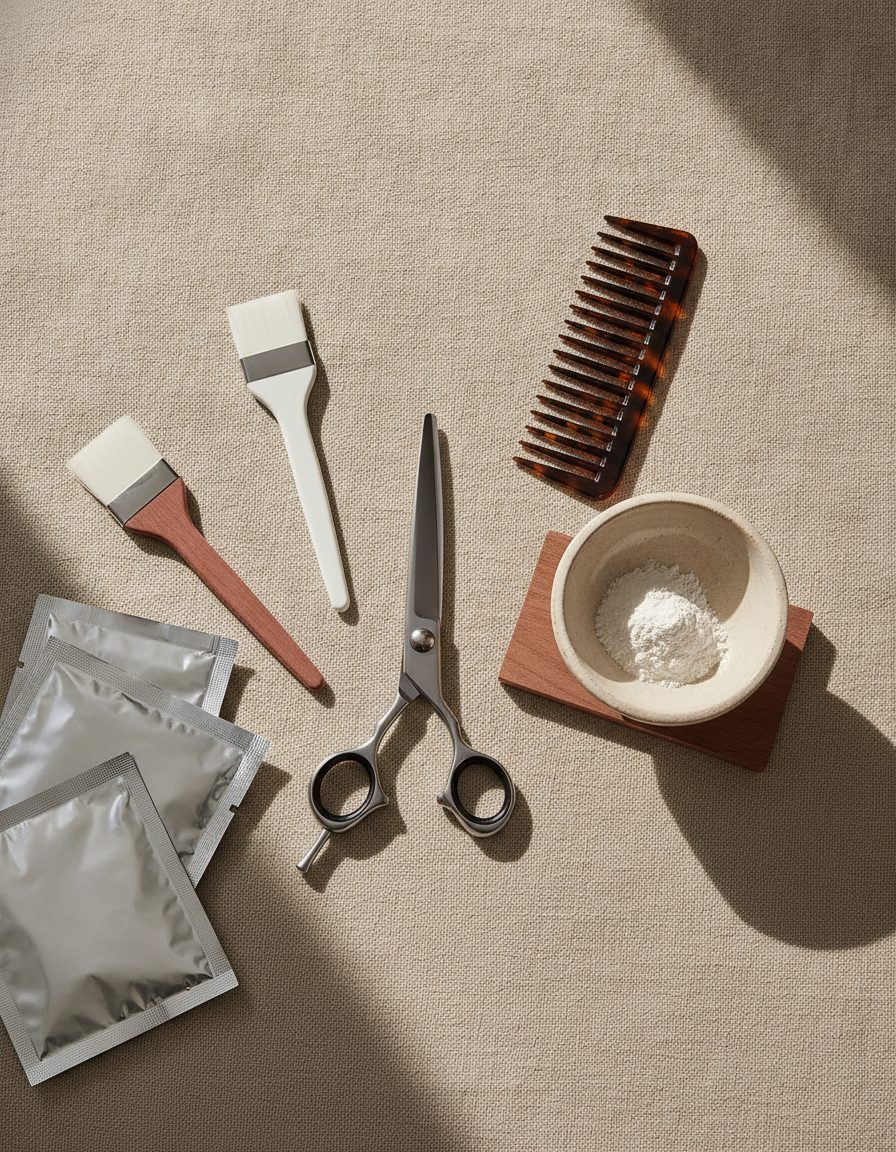 Flat lay of salon scissors, comb, tint brushes and foils on warm linen
